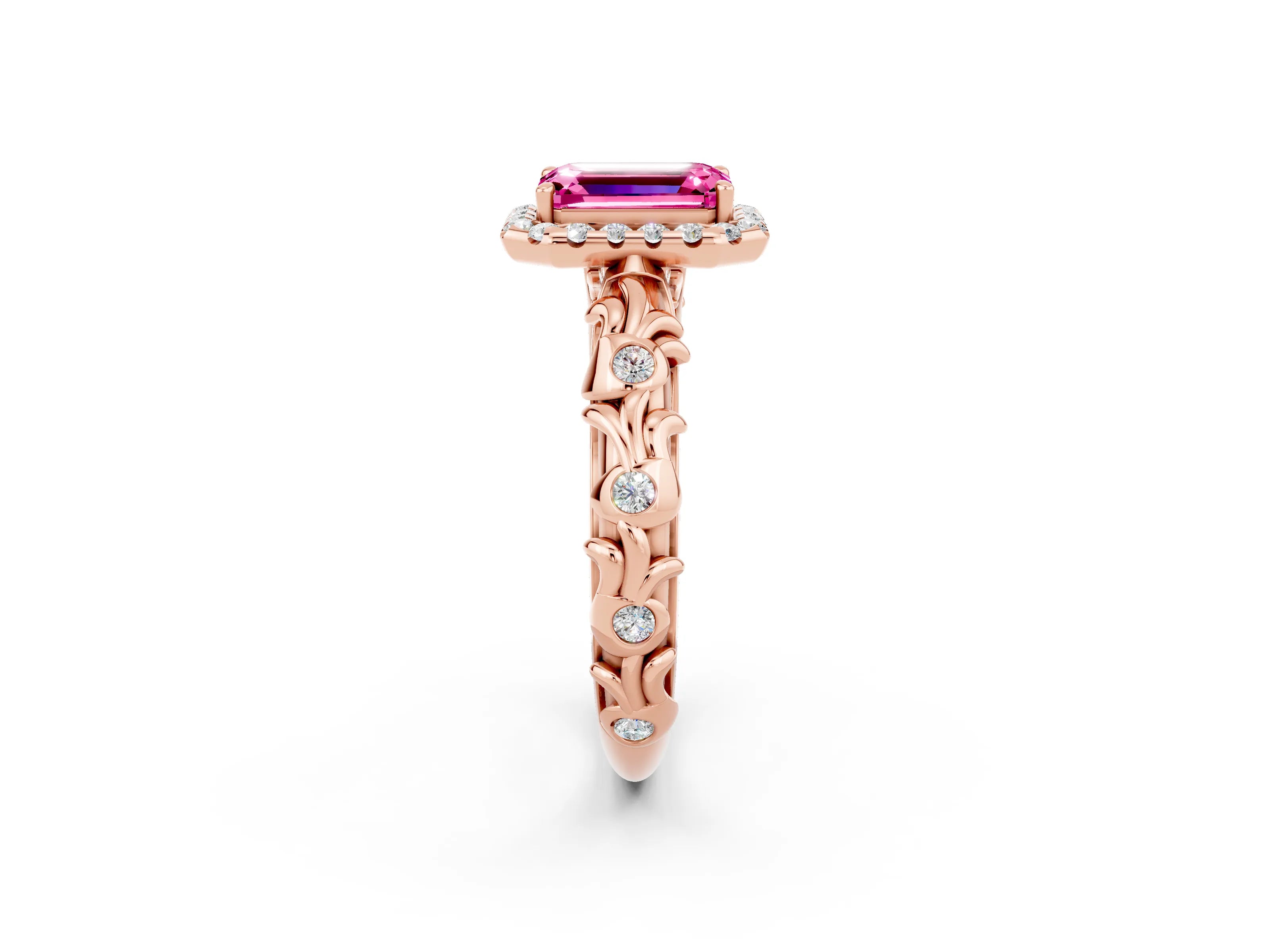 Rose gold Emerald Cut Halo Diamond Solitaire with Filigree Band and Four-Prong Setting_2