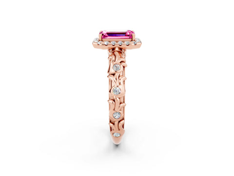 Rose gold Emerald Cut Halo Diamond Solitaire with Filigree Band and Four-Prong Setting_2