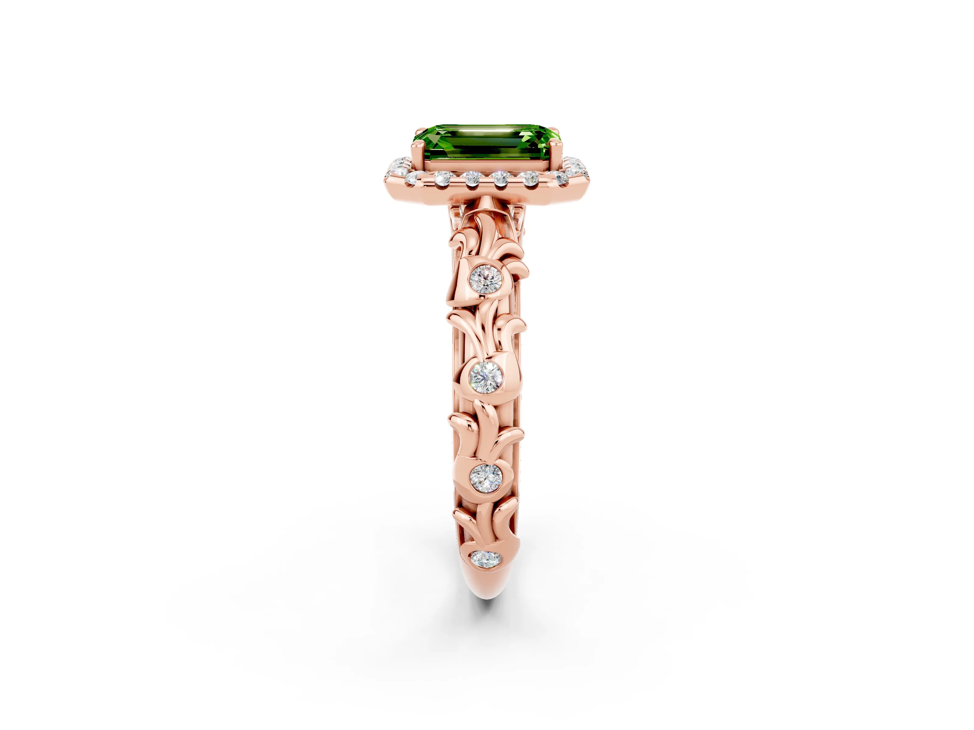 Rose gold Emerald Cut Halo Diamond Solitaire with Filigree Band and Four-Prong Setting_2