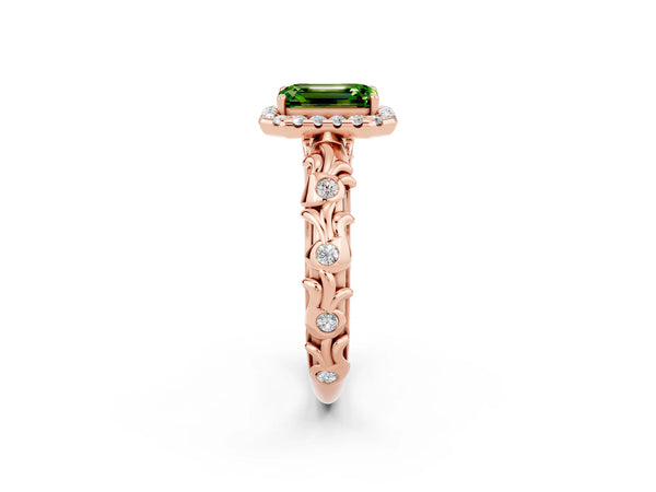 Rose gold Emerald Cut Peridot Halo Ring with Filigree Band and Prong Setting