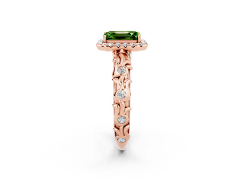 Rose gold Emerald Cut Halo Diamond Solitaire with Filigree Band and Four-Prong Setting_2