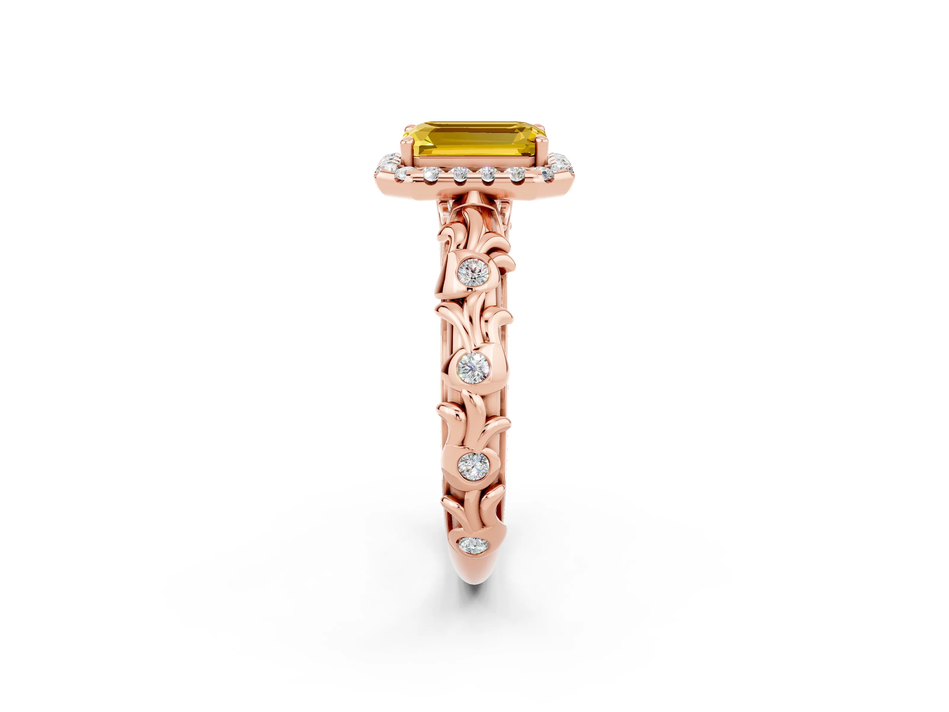 Rose gold Emerald Cut Halo Diamond Solitaire with Filigree Band and Four-Prong Setting_2