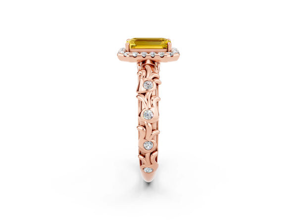 Rose gold Emerald Cut Yellow Sapphire Halo Ring with Filigree Band and Prong Setting