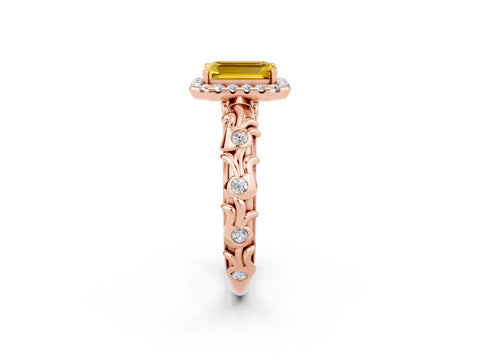 Rose gold Emerald Cut Halo Diamond Solitaire with Filigree Band and Four-Prong Setting_2