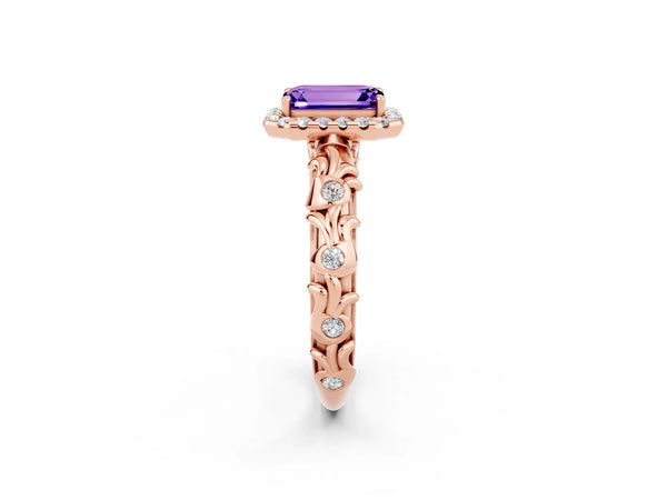 Rose gold Emerald Cut Tanzanite Halo Ring with Filigree Band and Prong Setting