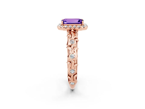 Rose gold Emerald Cut Halo Diamond Solitaire with Filigree Band and Four-Prong Setting_2