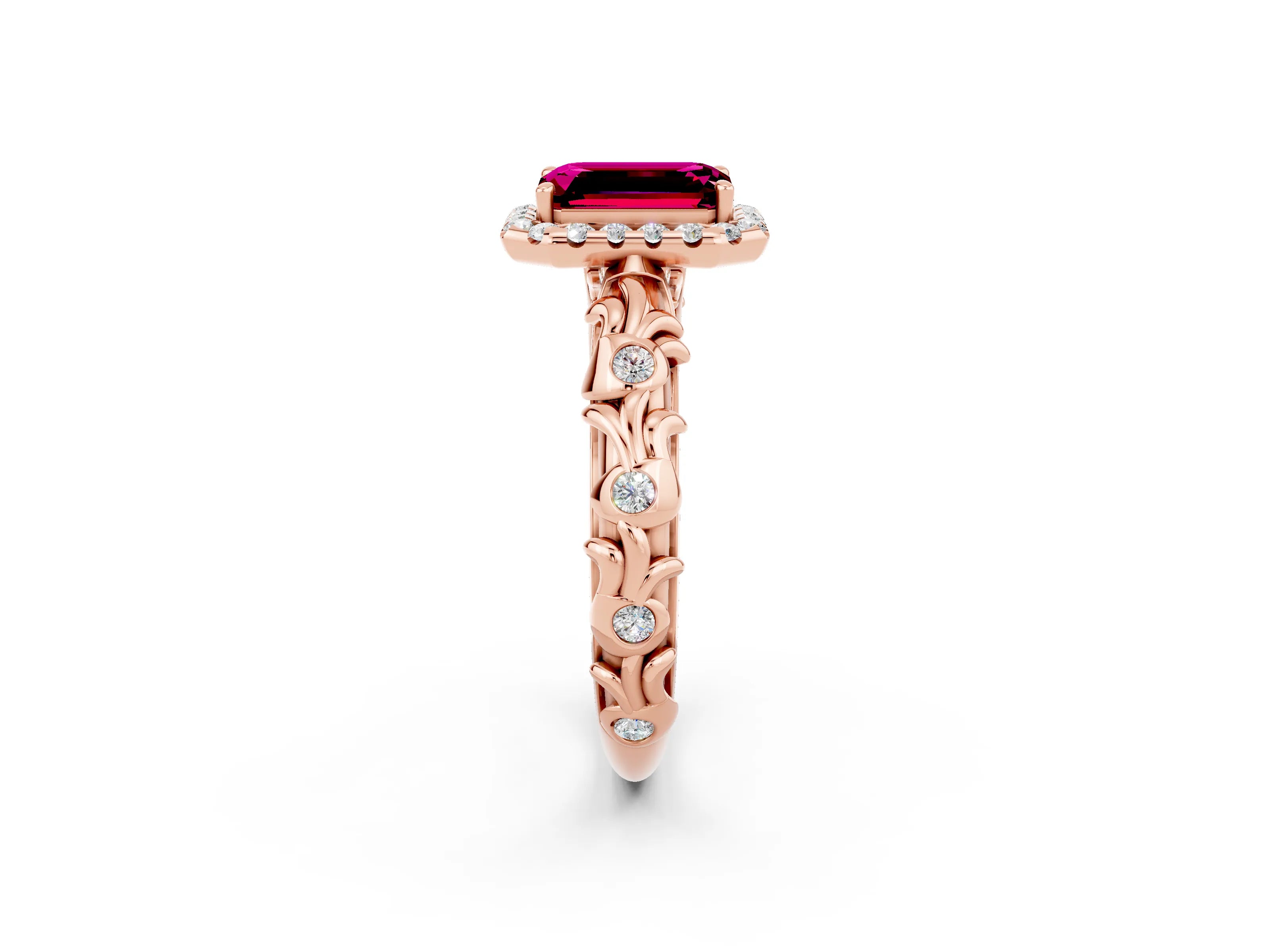 Rose gold Emerald Cut Halo Diamond Solitaire with Filigree Band and Four-Prong Setting_2