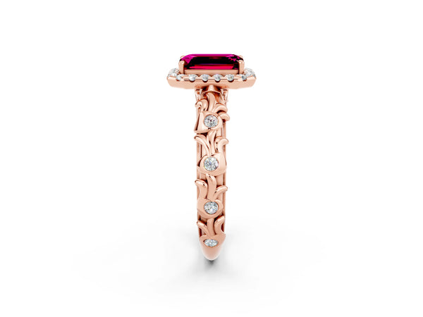 Rose gold Emerald Cut Garnet Halo Ring with Filigree Band and Prong Setting