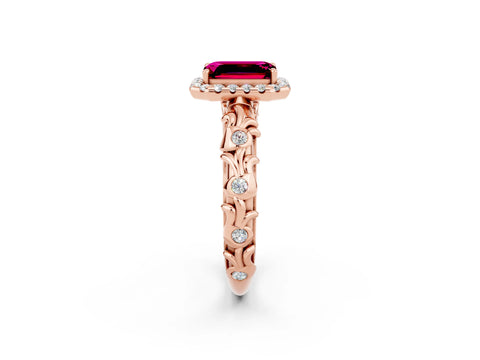 Rose gold Emerald Cut Halo Diamond Solitaire with Filigree Band and Four-Prong Setting_2