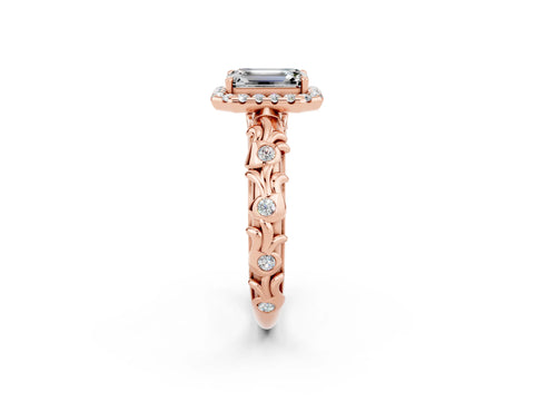 Rose gold Emerald Cut Halo Diamond Solitaire with Filigree Band and Four-Prong Setting_2