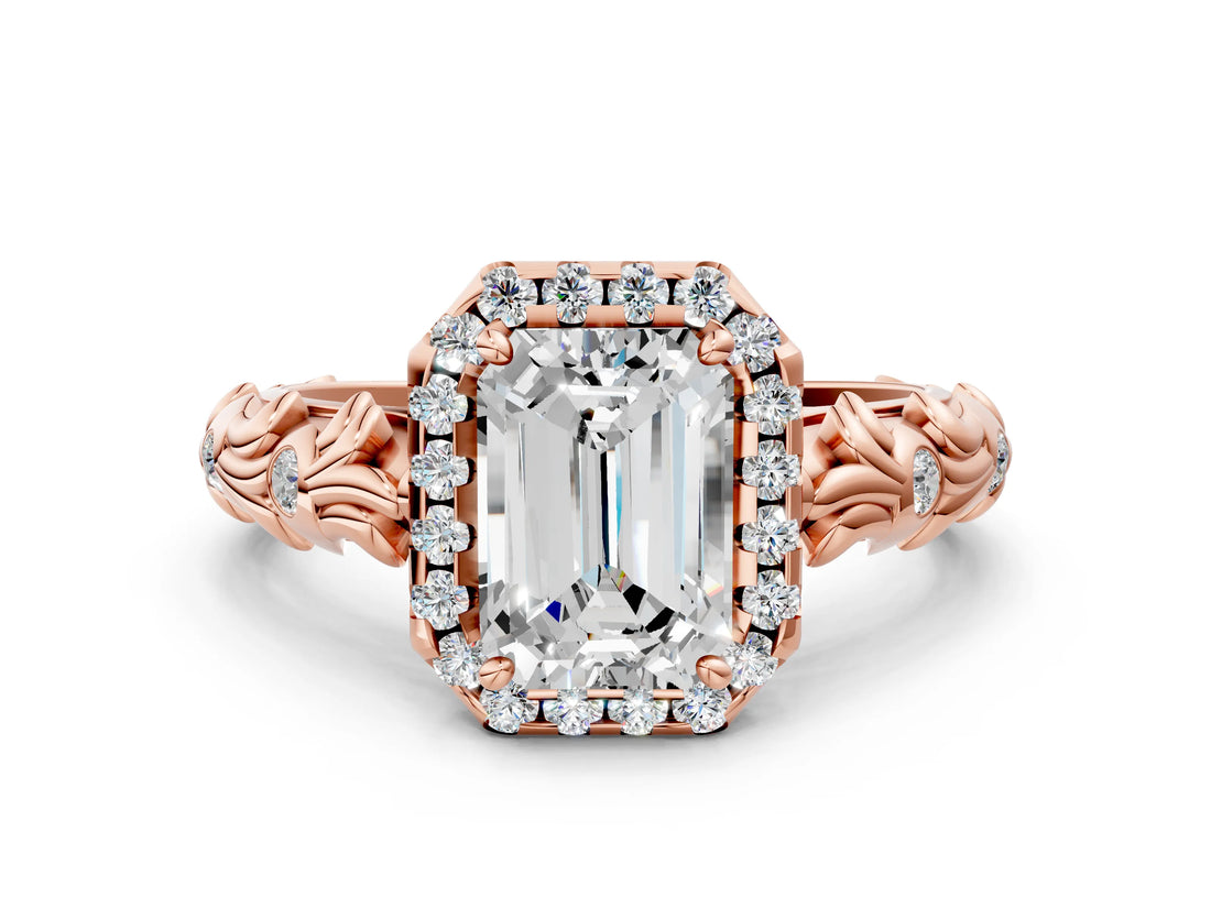 Rose gold Emerald Cut Halo Diamond Solitaire with Filigree Band and Four-Prong Setting_3