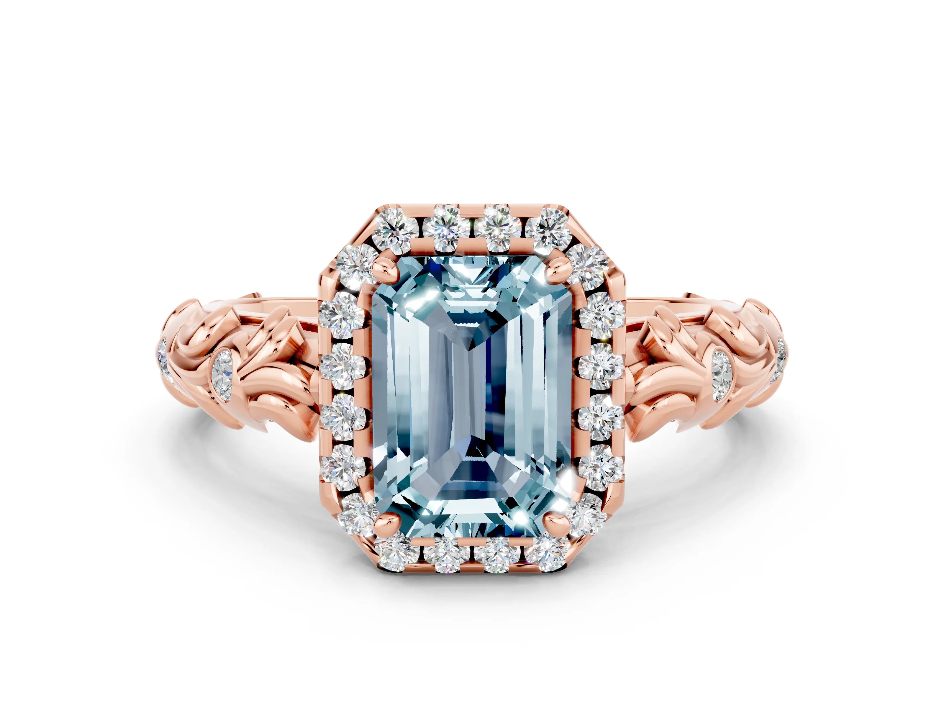 Rose gold Emerald Cut Halo Diamond Solitaire with Filigree Band and Four-Prong Setting