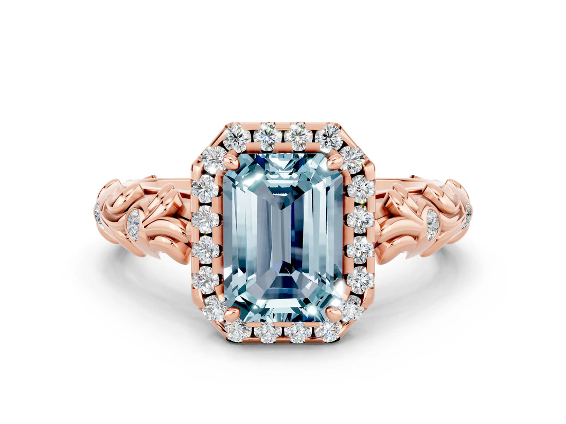 Rose gold Emerald Cut Halo Diamond Solitaire with Filigree Band and Four-Prong Setting
