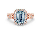 Rose gold Emerald Cut Halo Diamond Solitaire with Filigree Band and Four-Prong Setting
