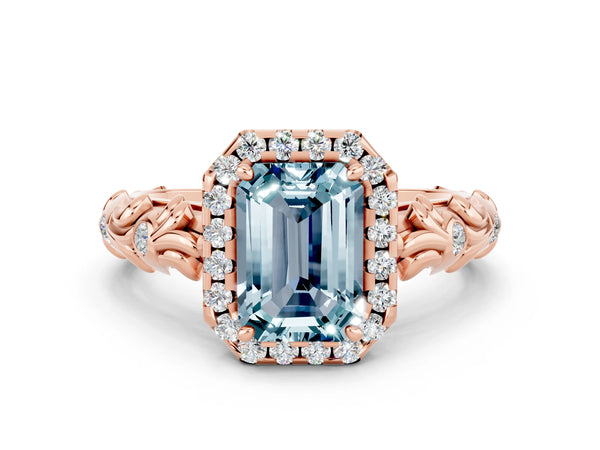 Rose gold Emerald Cut Aquamarine Halo Ring with Filigree Band and Prong Setting