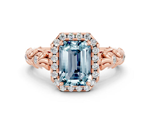 Rose gold Emerald Cut Halo Diamond Solitaire with Filigree Band and Four-Prong Setting