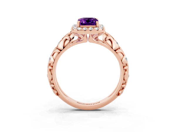 Rose gold Emerald Cut Amethyst Halo Ring with Filigree Band and Prong Setting