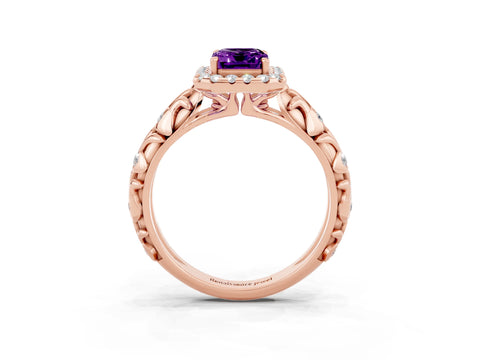 Rose gold Emerald Cut Halo Diamond Solitaire with Filigree Band and Four-Prong Setting_3
