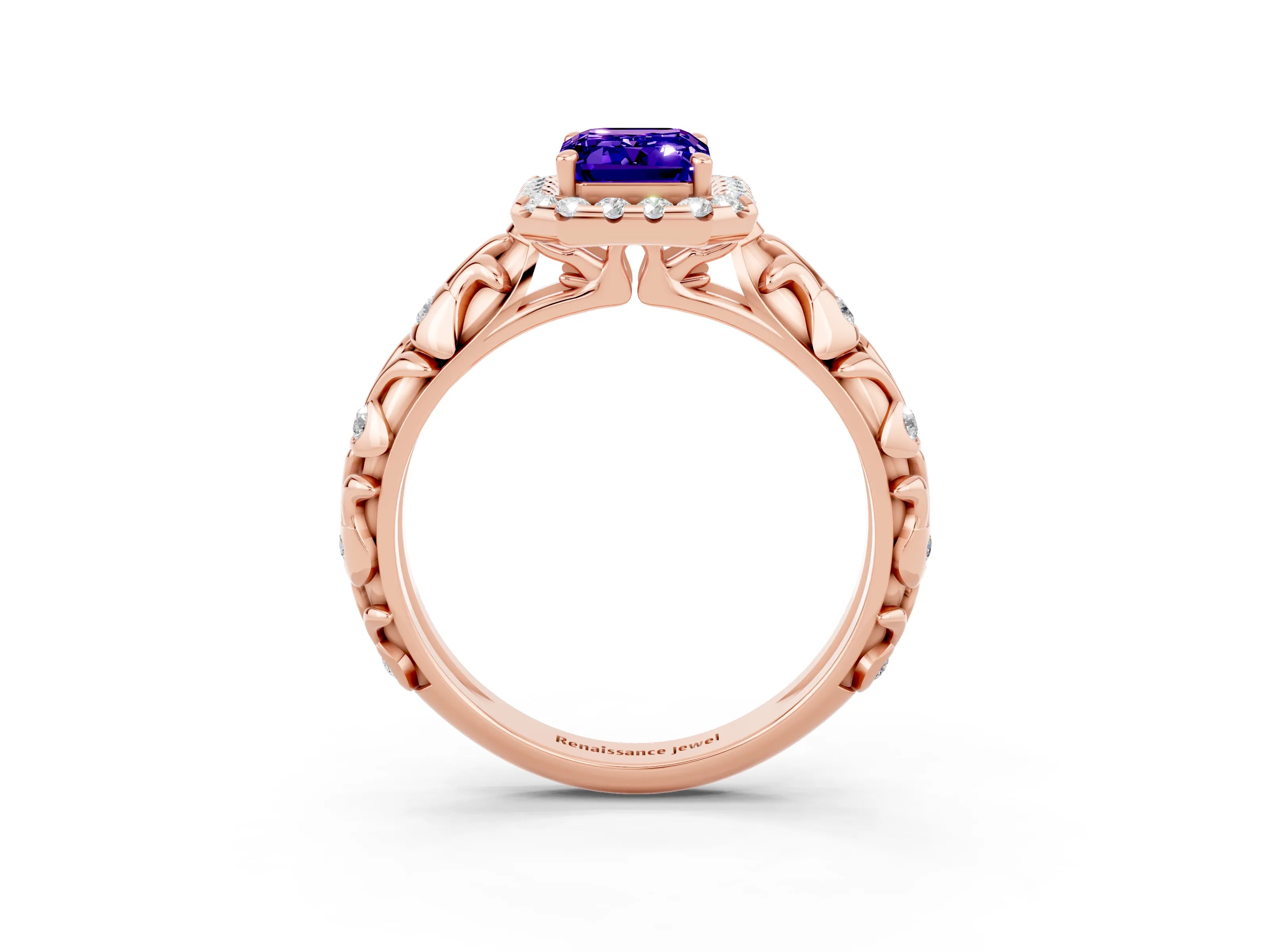 Rose gold Emerald Cut Halo Diamond Solitaire with Filigree Band and Four-Prong Setting_3