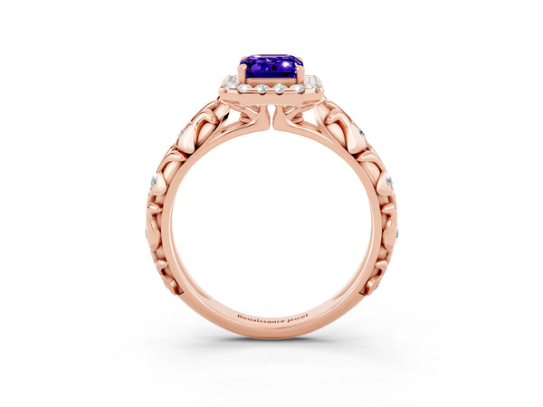 Rose gold Emerald Cut Tanzanite Halo Ring with Filigree Band and Prong Setting