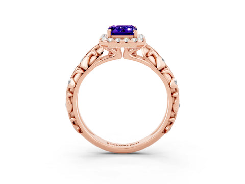 Rose gold Emerald Cut Halo Diamond Solitaire with Filigree Band and Four-Prong Setting_3