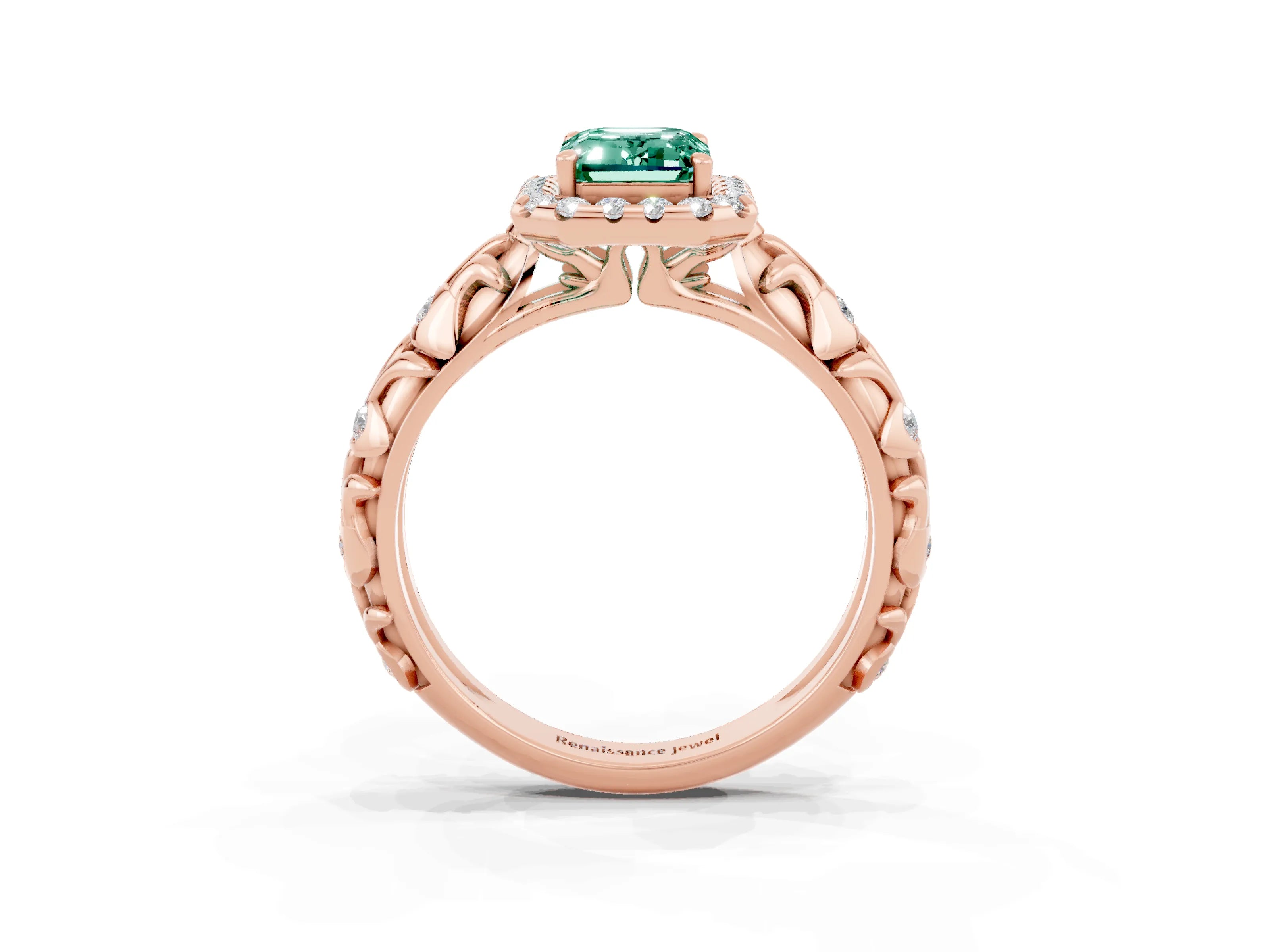 Rose gold Emerald Cut Halo Diamond Solitaire with Filigree Band and Four-Prong Setting_3