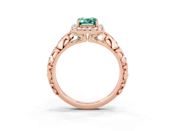 Rose gold Emerald Cut Green Sapphire Halo Ring with Filigree Band and Prong Setting