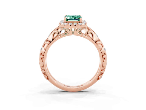 Rose gold Emerald Cut Halo Diamond Solitaire with Filigree Band and Four-Prong Setting_3