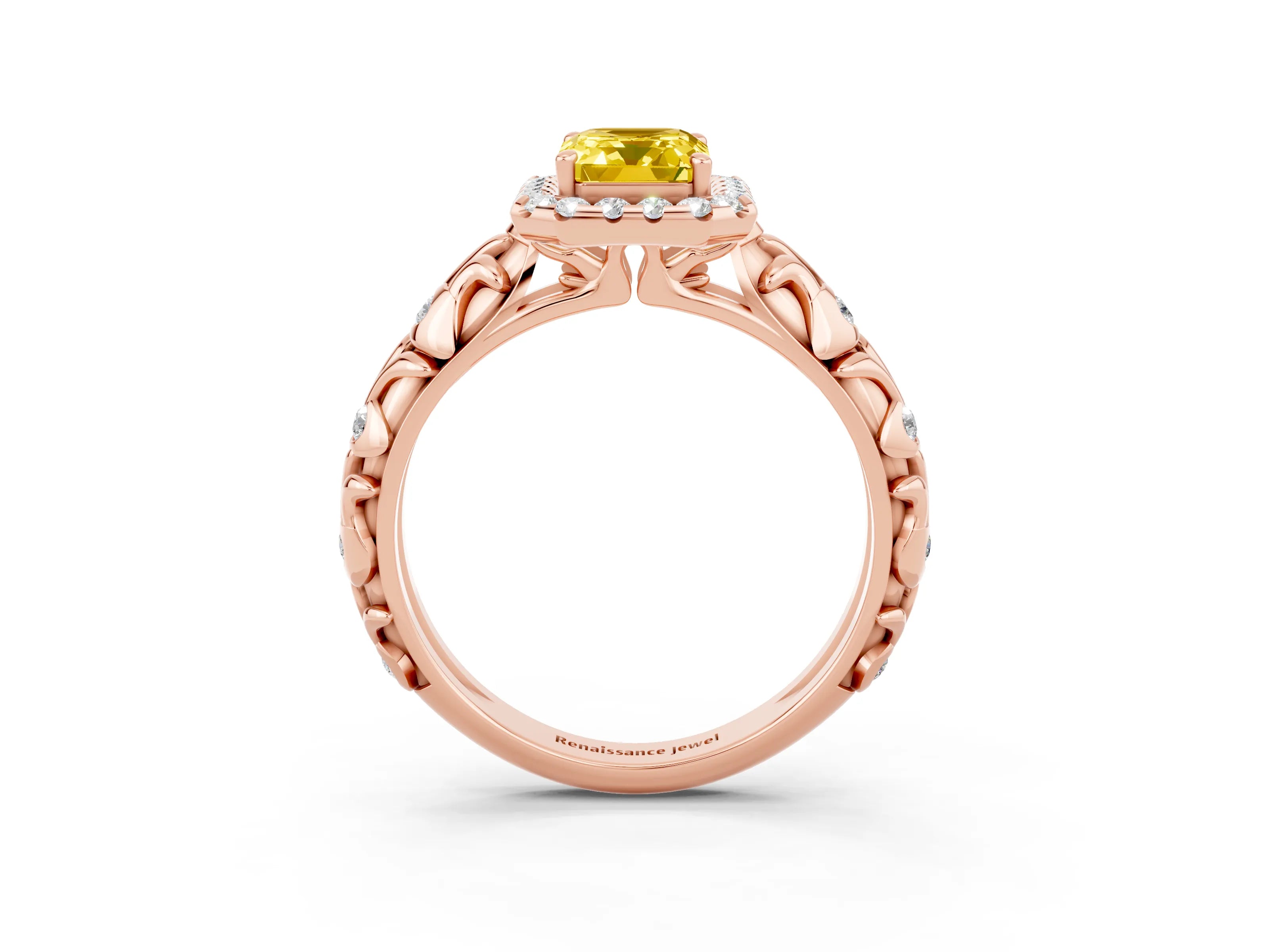Rose gold Emerald Cut Halo Diamond Solitaire with Filigree Band and Four-Prong Setting_3