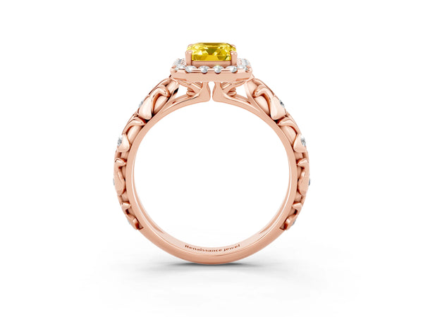 Rose gold Emerald Cut Yellow Sapphire Halo Ring with Filigree Band and Prong Setting
