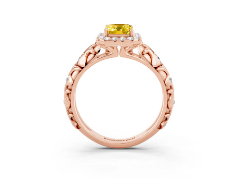 Rose gold Emerald Cut Halo Diamond Solitaire with Filigree Band and Four-Prong Setting_3