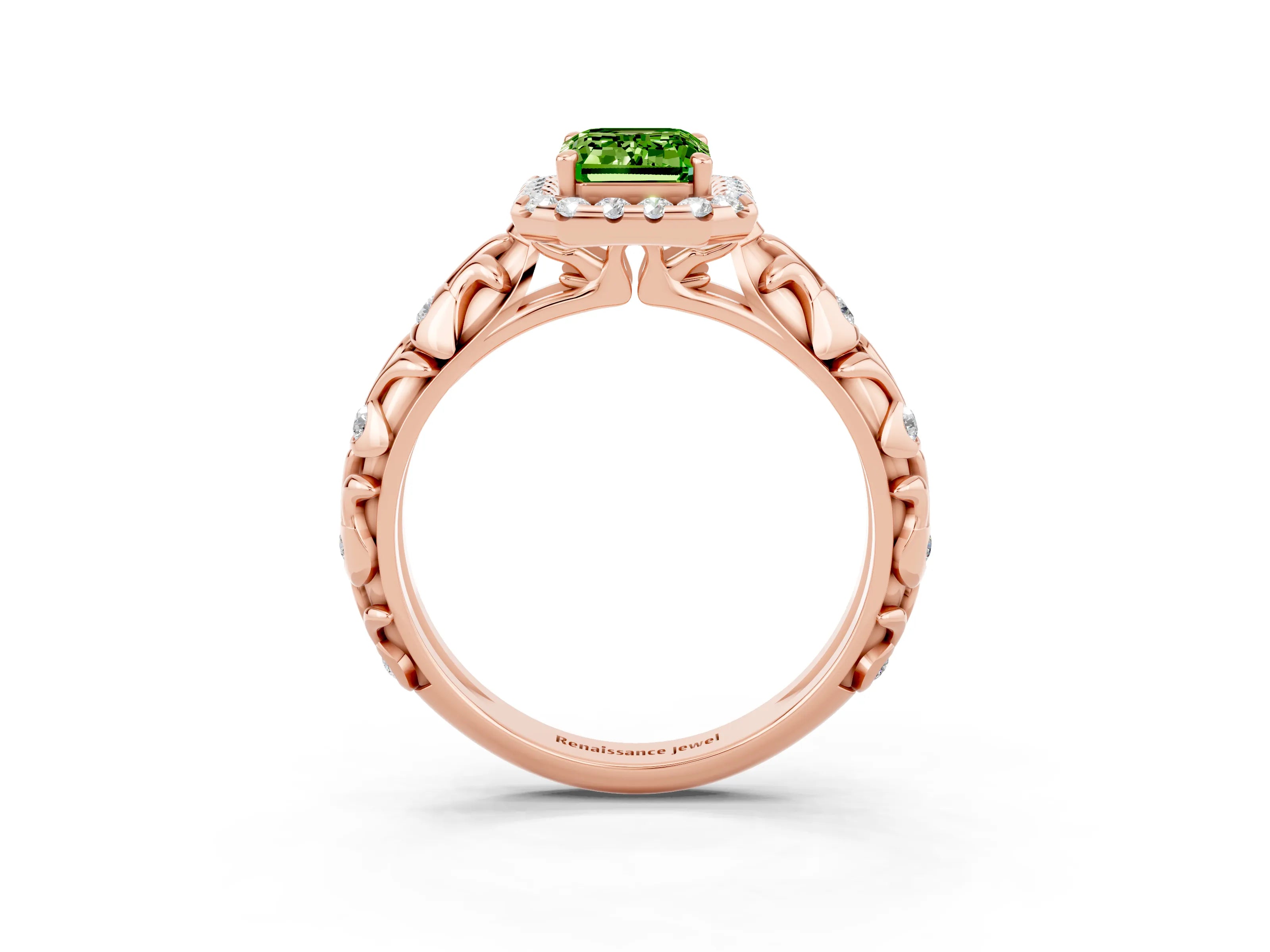 Rose gold Emerald Cut Halo Diamond Solitaire with Filigree Band and Four-Prong Setting_3
