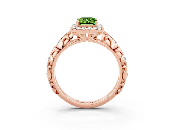 Rose gold Emerald Cut Peridot Halo Ring with Filigree Band and Prong Setting