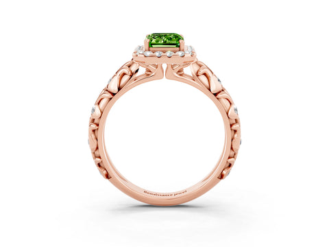 Rose gold Emerald Cut Halo Diamond Solitaire with Filigree Band and Four-Prong Setting_3