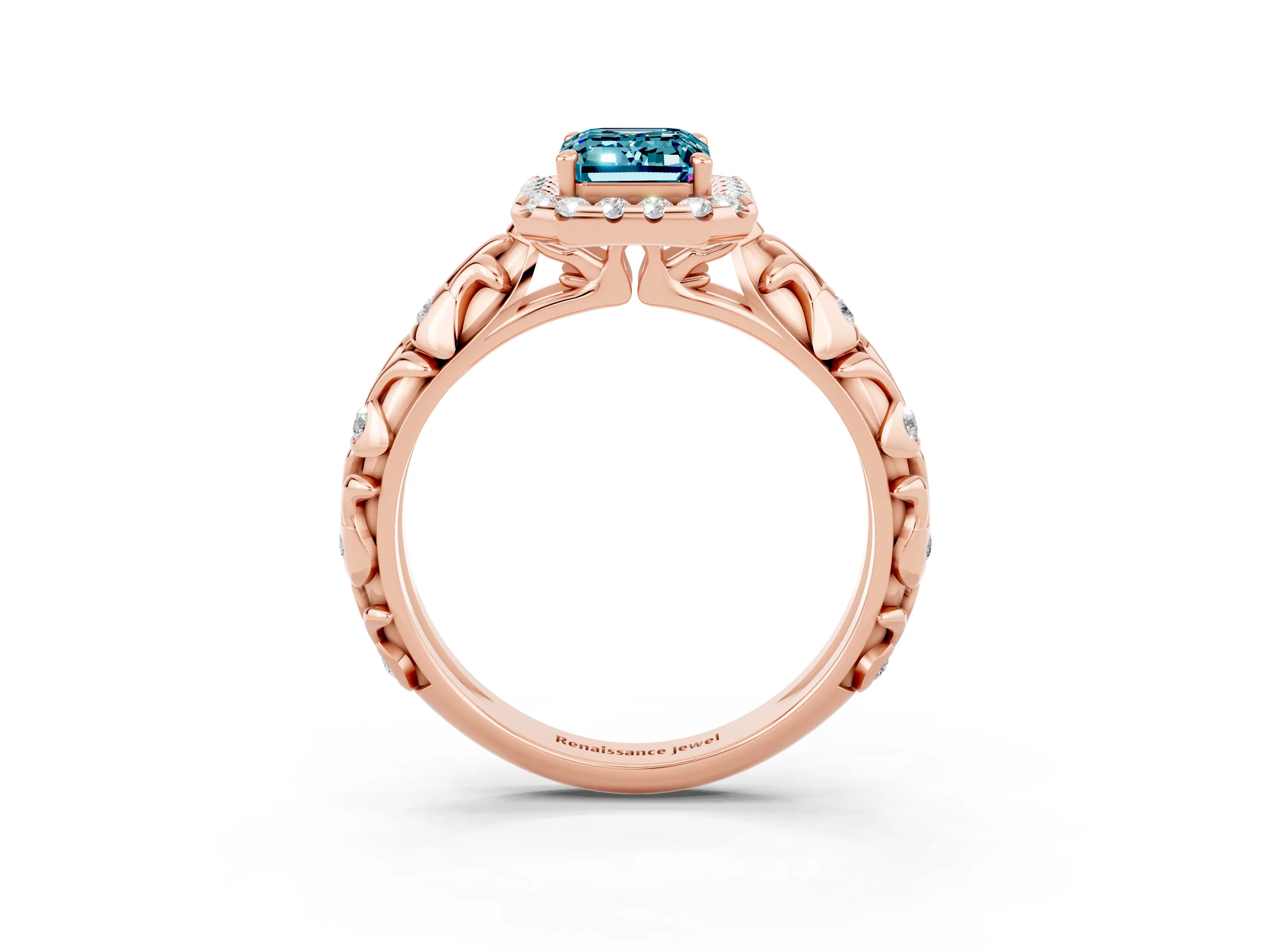 Rose gold Emerald Cut Halo Diamond Solitaire with Filigree Band and Four-Prong Setting_3