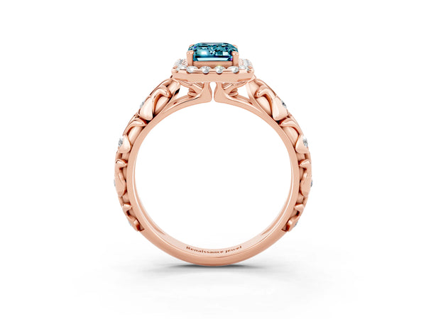 Rose gold Emerald Cut Halo Diamond Solitaire with Filigree Band and Four-Prong Setting