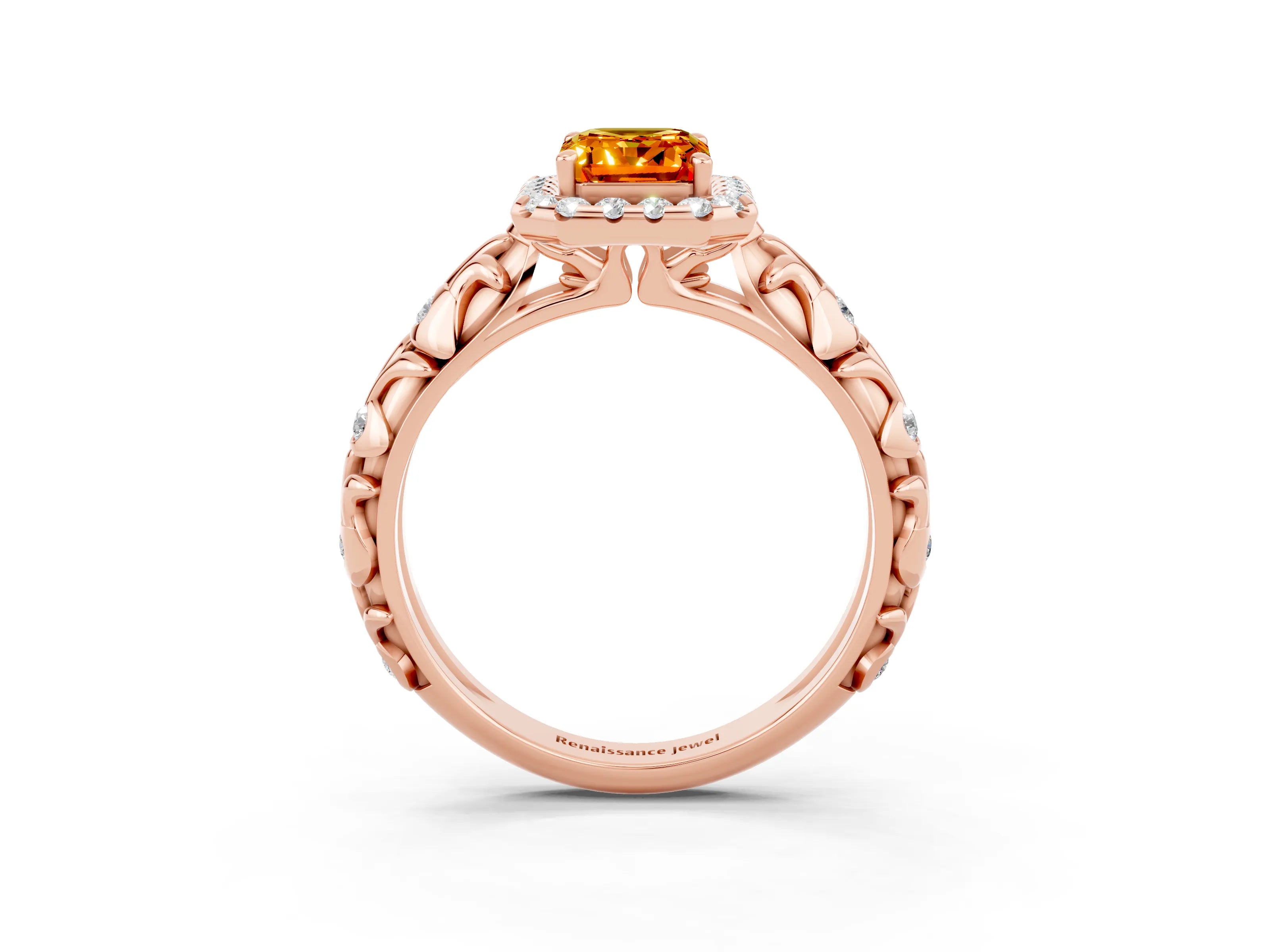 Rose gold Emerald Cut Halo Diamond Solitaire with Filigree Band and Four-Prong Setting_3