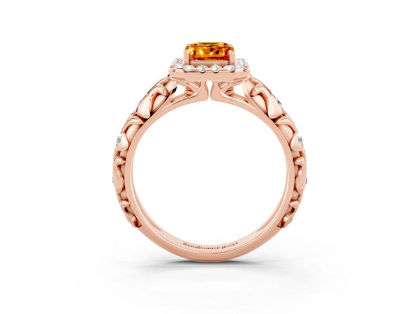 Rose gold Emerald Cut Citrine Halo Ring with Filigree Band and Prong Setting