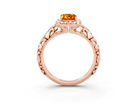 Rose gold Emerald Cut Halo Diamond Solitaire with Filigree Band and Four-Prong Setting_3