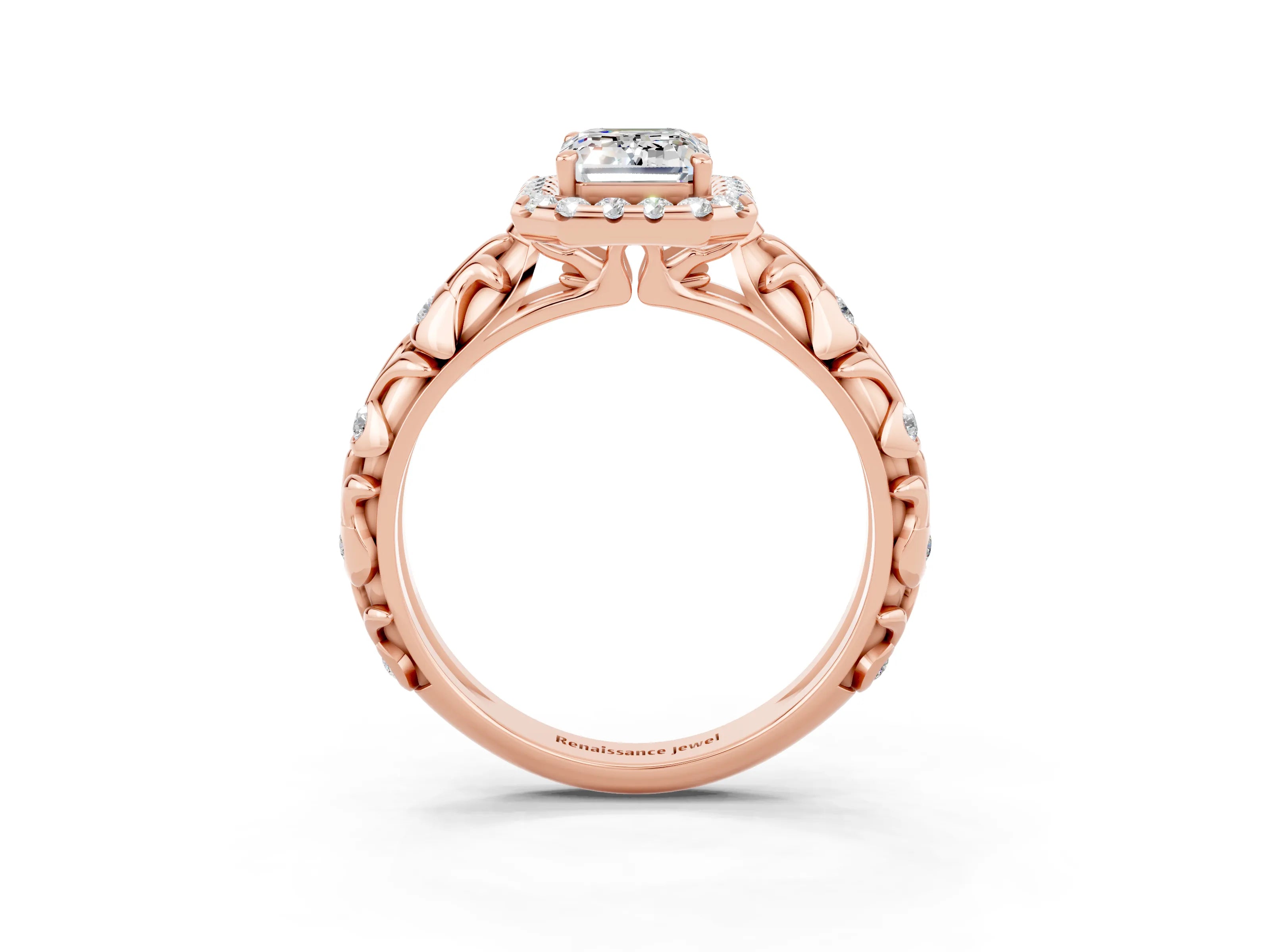 Rose gold Emerald Cut Halo Diamond Solitaire with Filigree Band and Four-Prong Setting_3