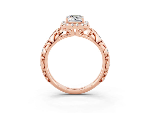 Rose gold Emerald Cut Moissanite Halo Ring with Filigree Band and Prong Setting