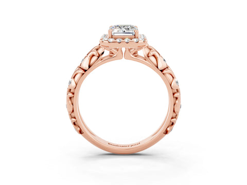 Rose gold Emerald Cut Halo Diamond Solitaire with Filigree Band and Four-Prong Setting_3