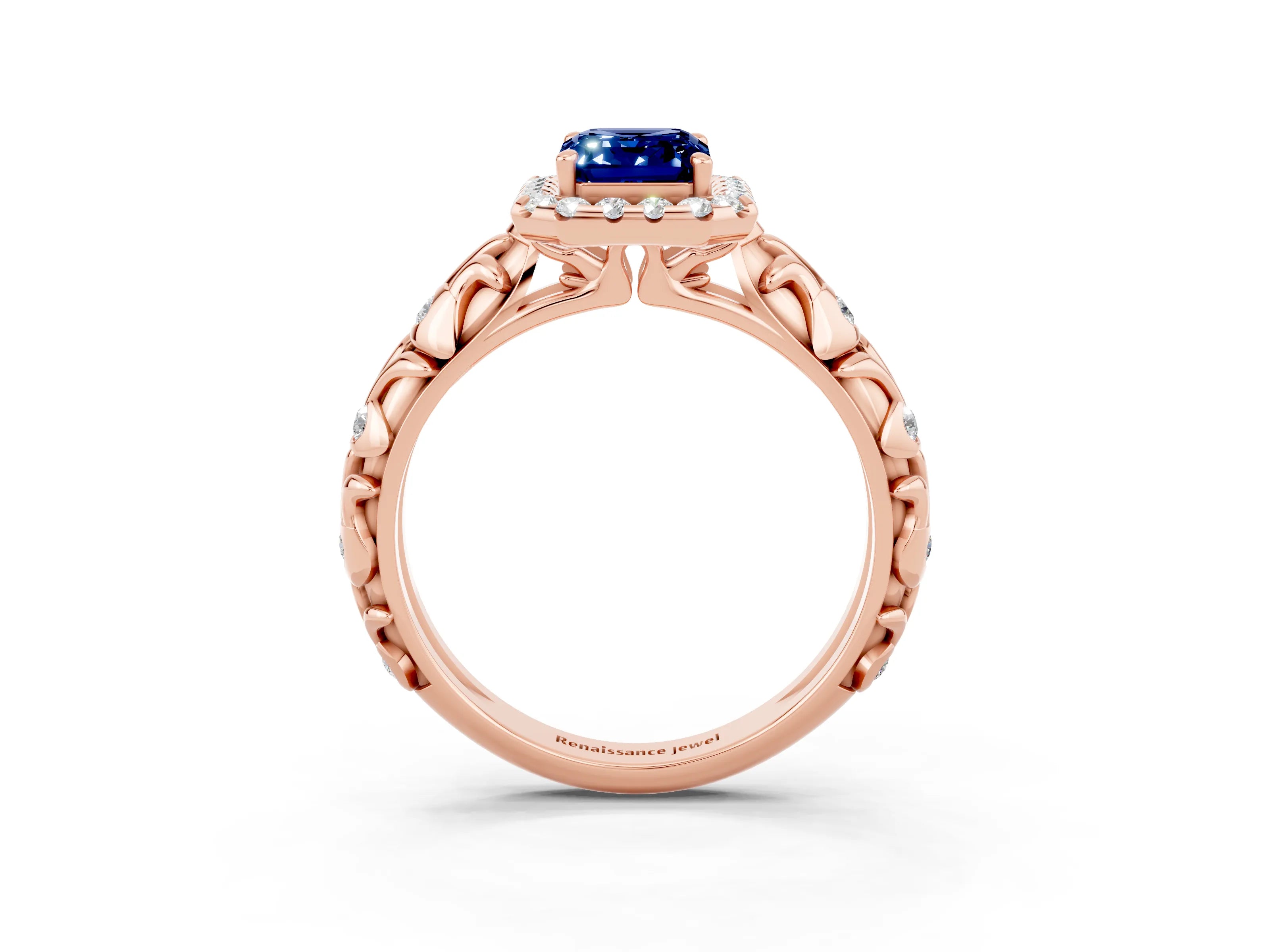Rose gold Emerald Cut Halo Diamond Solitaire with Filigree Band and Four-Prong Setting_3