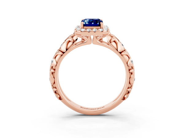 Rose gold Emerald Cut Blue Sapphire Halo Ring with Filigree Band and Prong Setting