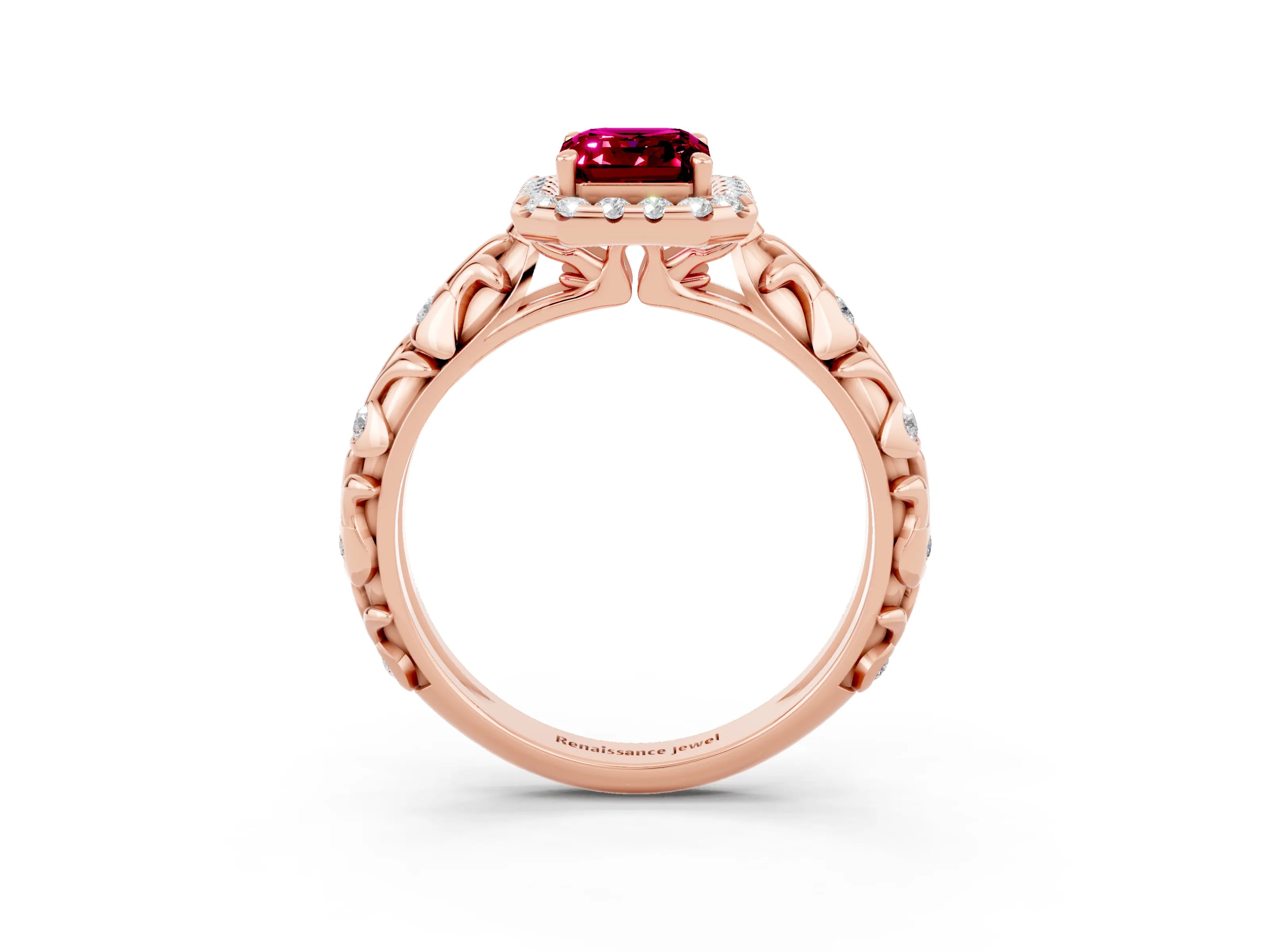 Rose gold Emerald Cut Halo Diamond Solitaire with Filigree Band and Four-Prong Setting_3
