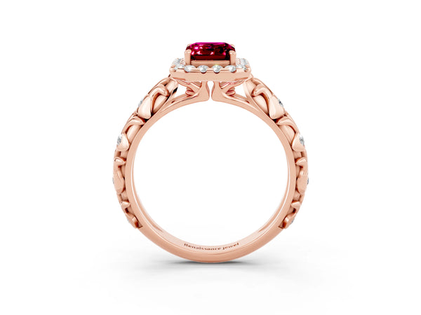 Rose gold Emerald Cut Garnet Halo Ring with Filigree Band and Prong Setting