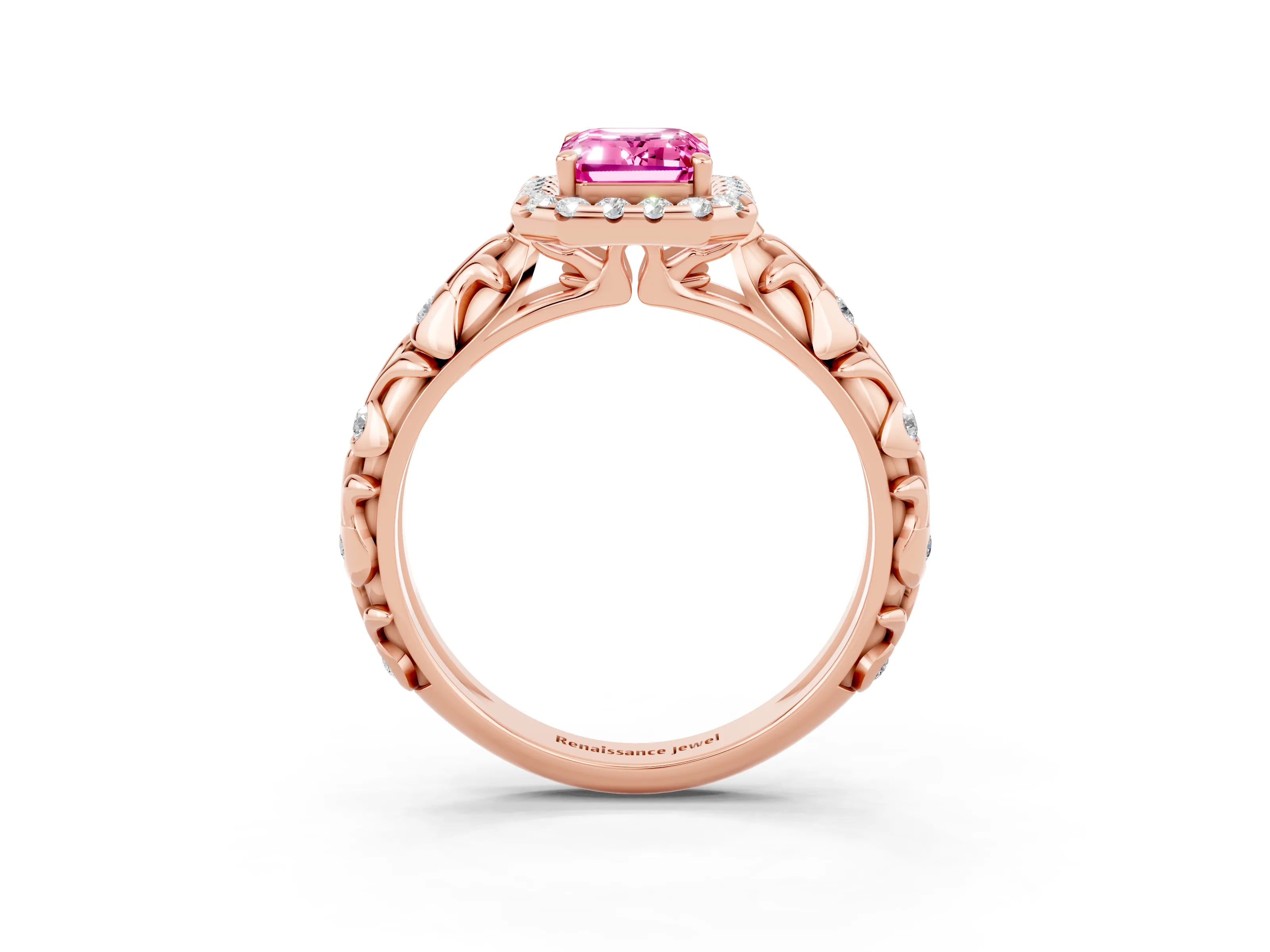 Rose gold Emerald Cut Halo Diamond Solitaire with Filigree Band and Four-Prong Setting_3