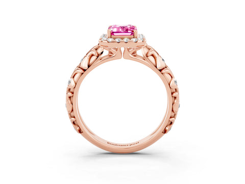 Rose gold Emerald Cut Halo Diamond Solitaire with Filigree Band and Four-Prong Setting_3