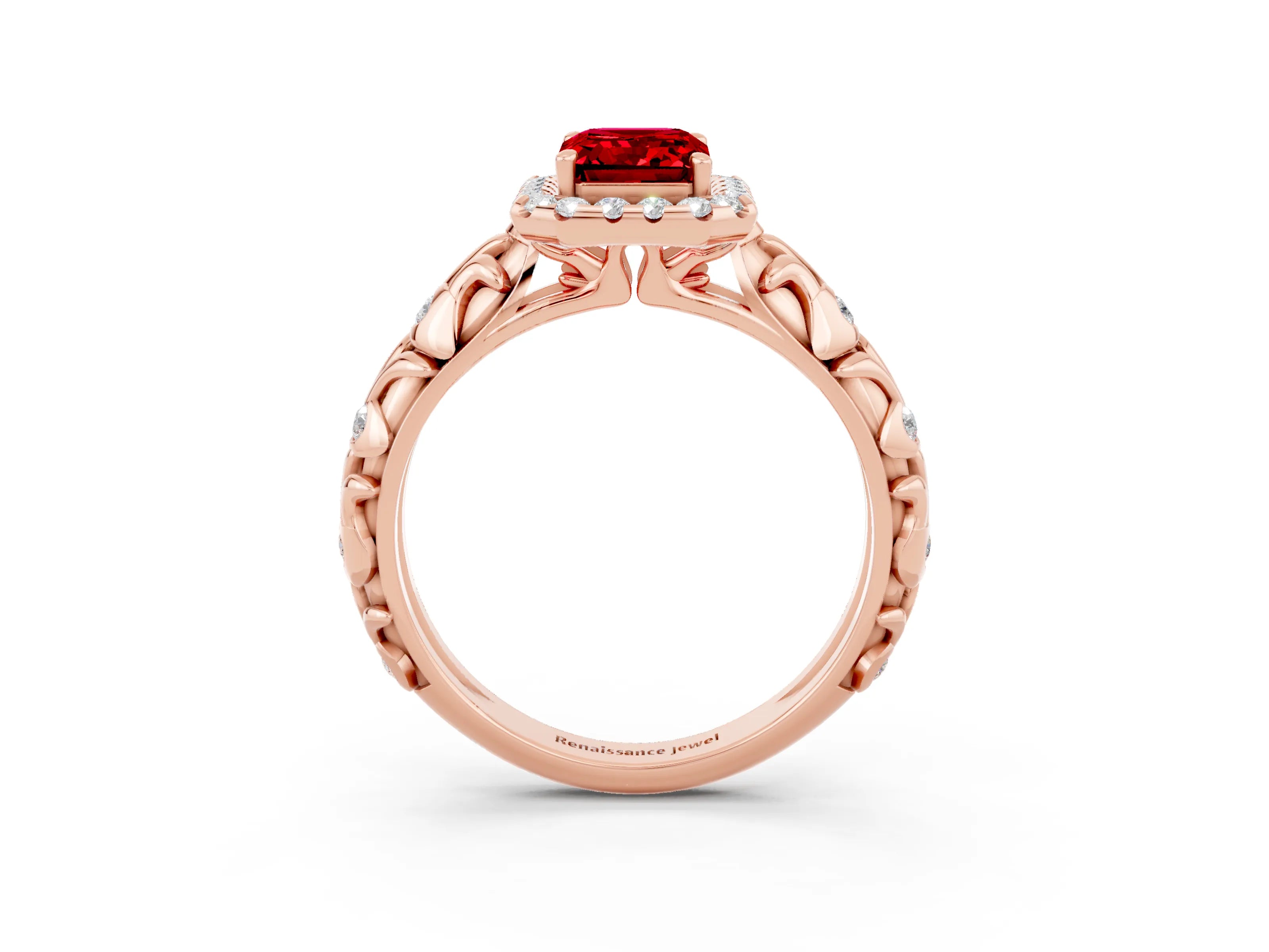 Rose gold Emerald Cut Halo Diamond Solitaire with Filigree Band and Four-Prong Setting_3