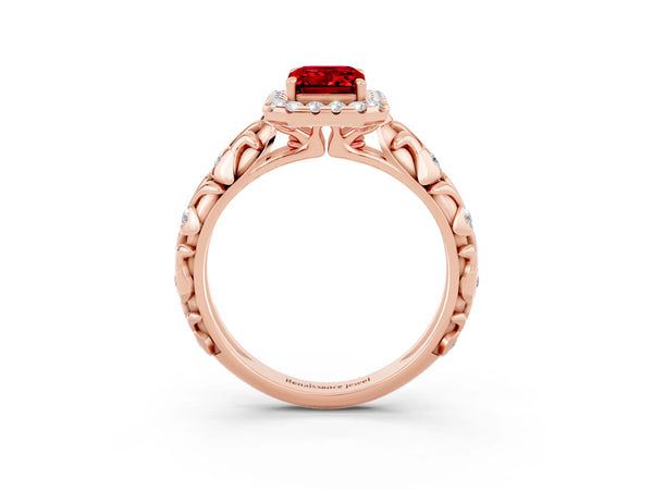 Rose gold Emerald Cut Ruby Halo Ring with Filigree Band and Prong Setting